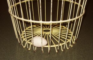 Grandma's egg basket, Priscilla's first egg of the year
